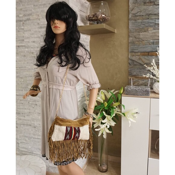 Moroccan Handira Suede Leather Fringe Clutch Bag Kilim Purse - Picture 2 of 10